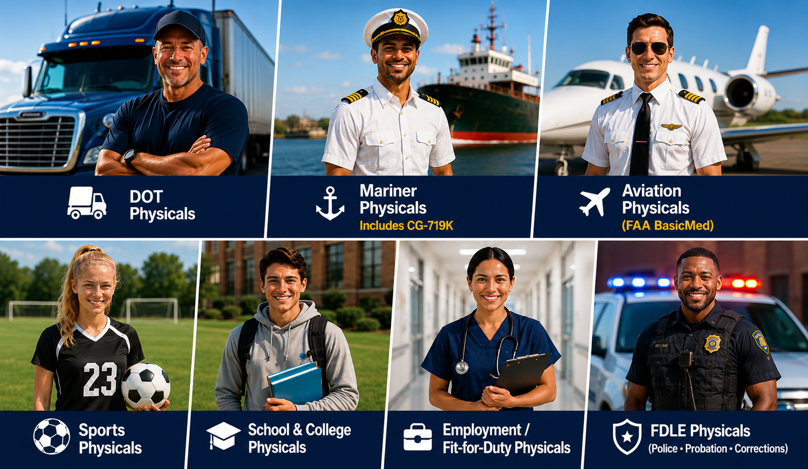 DOT, Mariner, FAA BasicMed, Sports, School, Employment and FDLE physical exams
